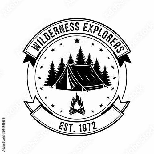 Traditional camping badge featuring forest landscape and retro branding style
