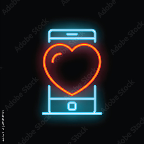 Neon sign of a heart appearing from smartphone screen symbolizing online dating or love