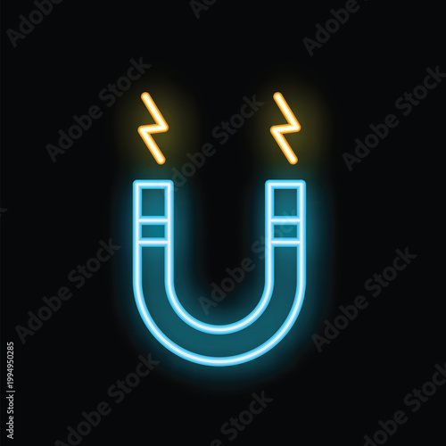 Blue neon icon of a horseshoe magnet attracting with electricity emanating from its poles on a black background
