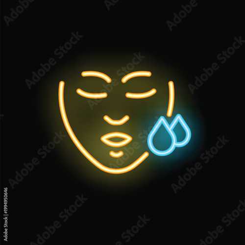 Neon icon of a sad human face with closed eyes and two tears falling, depicting sadness and sorrow