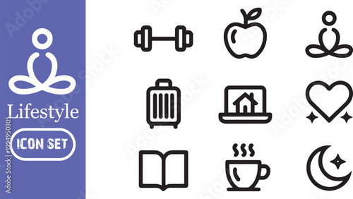 Lifestyle and Wellness Icon Set: Minimalist Line Art for Fitness, Travel, Home Office, Healthy Eating, Meditation, and Mental Health – Modern Vector Symbols for Web and Mobile Apps