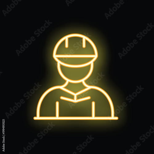 Yellow neon sign showing the bust of a construction worker wearing a hard hat, on a black background