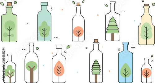 Minimalistic Eco-Friendly Illustration Set Featuring Trees in Bottles for Sustainability, Nature Design, and Environmental Protection Projects