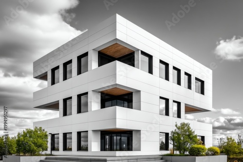 Modern Architecture with Clean Lines and Contrasting Elements Beneath a Cloudy Sky