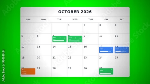 A digital calendar for October 2026 with marked events and a bright green background