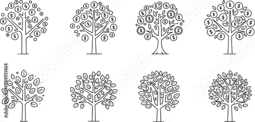Monochrome Money Tree Illustration Set with Dollar Sign Leaves for Financial Growth, Investment, and Wealth Management Concepts