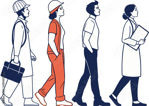 A set of cute and stylish full-body illustrations depicting men and women working in a wide range of professions, including healthcare, construction, business, and the hotel industry.