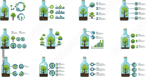 Eco-Friendly Illustration Set Featuring Trees in Bottles, Sustainability, Recycling, and Environmental Concepts for Green Energy, Eco Design, and Conservation Projects