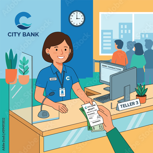 City Bank Teller Service In Garden On Computer Monitor