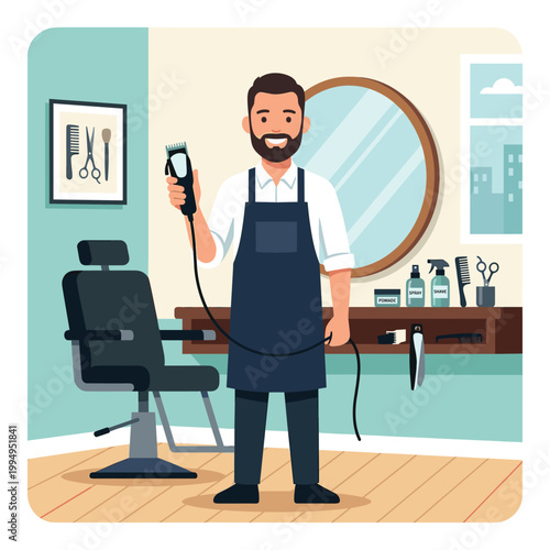 Barber In Salon With Chair With Electric Clipper