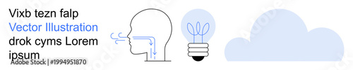 Breathing, innovation, energy, weather, digital ideas, cloud technology. Diagram of human respiratory system, light bulb cloud. Breathing and innovation cooperation in minimal graphic elements
