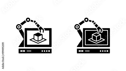 Robotic arm interacting with 3D cube on computer screen concept of automation engineering design, automation