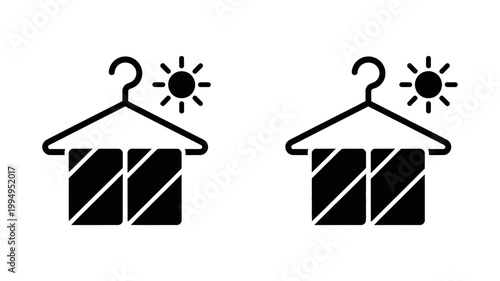 Towel on hanger with sun icon symbolizing drying clothes in the sun or natural drying bathroom illustration