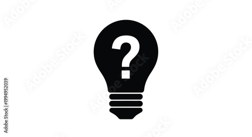 A stark black silhouette depicts a traditional lightbulb containing a bright white question mark high quality professional detailed