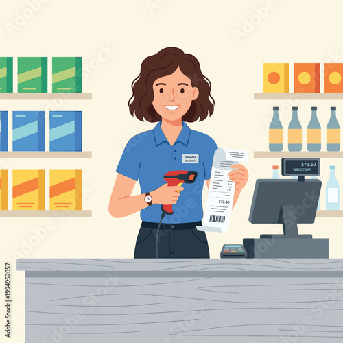 Store Cashier Young Woman On Computer Monitor