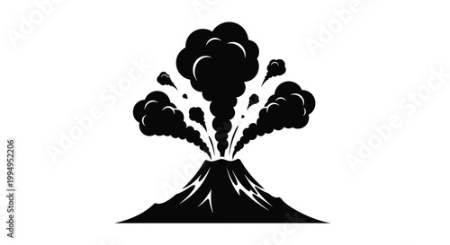 A stark black and white illustration depicts a volcanic eruption with billowing smoke and lava flows high quality