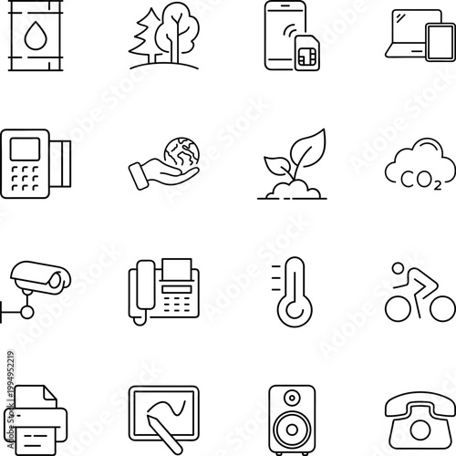 technology and environment icon set, oil barrel, trees, mobile phone, laptop, pos machine, earth, plant