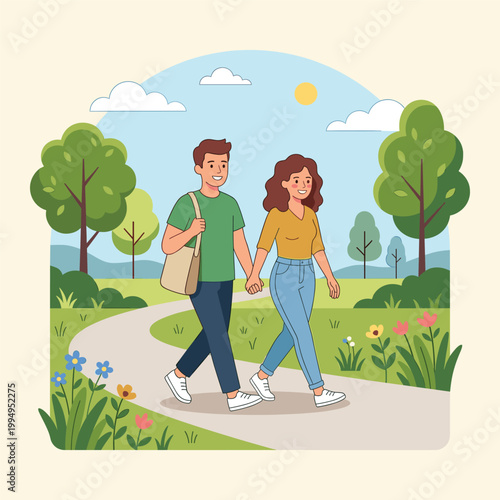 Couple Walking In Park In Garden With Flowers
