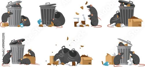 Cartoon Mice Digging Through Trash and Food Scraps for Playful, Messy, and Humorous Animal-Themed Designs in Illustration and Graphic Art