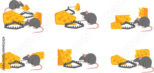 Vector Illustration of Mice Trapped in Cheese Traps, Fun Cartoon Rodent and Cheese Designs for Animal-Themed Projects