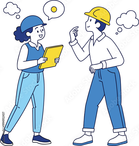 An illustration of a team of men and women at a construction site who have discovered a clue to solving a problem.