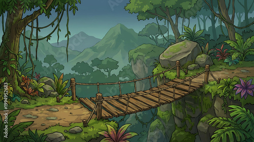 Explore the lush, green depths of a tropical forest where a charming wooden bridge offers passage across a rocky chasm, inviting adventure on a serene nature path