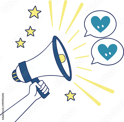 A vector illustration of a person's hand holding a megaphone with emphasis lines, used for campaign and sale announcements.