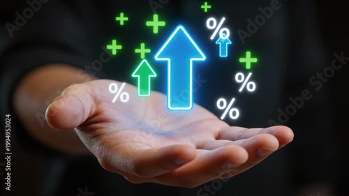 Upward arrow growth percentage increase positive trend hand glowing icons uplift optimistic financial concept percent increase