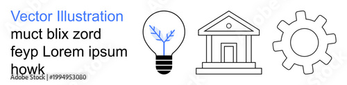 Innovation, finance, industry, progress, ideas, technology. Minimalistic lightbulb, traditional bank icon gear symbol. Innovation and finance through clean symbols progress