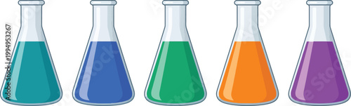 Five Erlenmeyer flasks filled with colorful liquids in teal, blue, green, orange, and purple