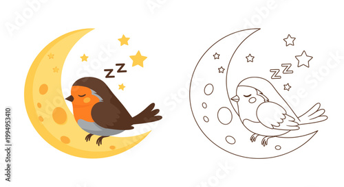 Cute bird sleeping on crescent moon with stars for bedtime or sleep themed design