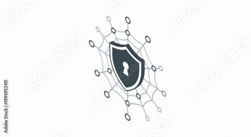 Isometric Cybersecurity Shield and Network Web Icon for Data Protection