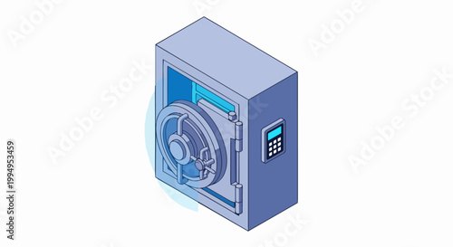 3D Isometric Blue Bank Vault Safe Icon with Combination Lock and Digital Keypad for Financial Security and Data Protection