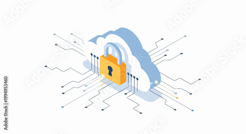 3D Isometric Cloud Security Concept with Padlock and Digital Network Circuitry for Data Protection and Cybersecurity