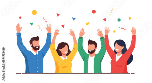 Group of four diverse people celebrating with confetti and raised hands