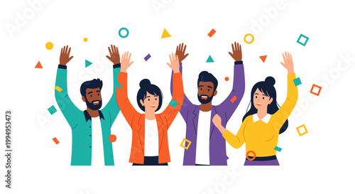 Group of diverse people celebrating with confetti and raised hands