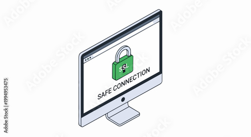 Isometric Desktop Monitor with SSL Green Padlock and Safe Connection Text - Cybersecurity, Internet Safety, and Data Protection Concept