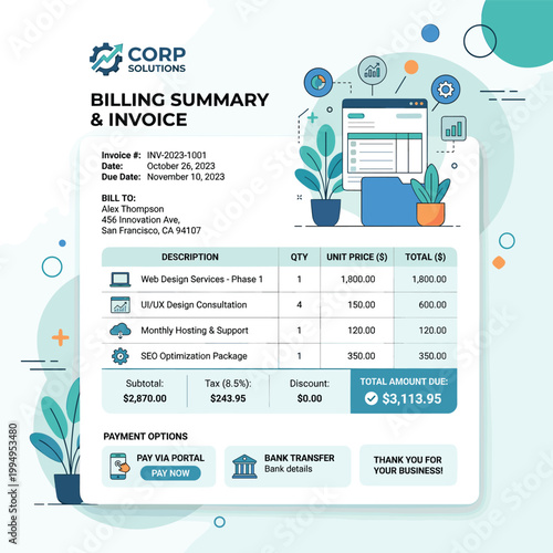 Billing Summary Invoice In Garden On Computer Monitor