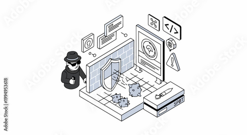 Isometric Cybersecurity Illustration of a Firewall Shield Protecting Network Data from Hackers and Malware, Digital Security and Threat Prevention Concept