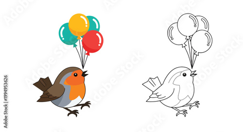 Colorful bird holding balloons for celebration or festive event
