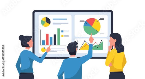 Business team analyzing data charts and graphs on a large screen