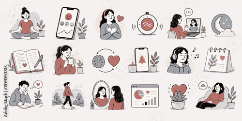 Mental Wellness Pack. Mindfulness and Self Care Scene Set