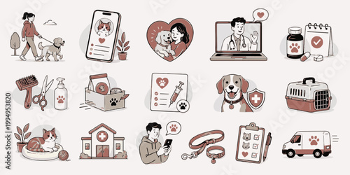 Pet Care App Pack. Veterinary and Adoption Scene Set