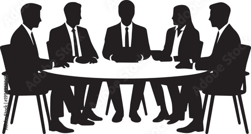 Black and white flat of five businesspeople sitting at a conference table flat businesspeople chairs