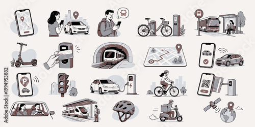 Urban Mobility Pack. Ride Share and City Transit Scene Set