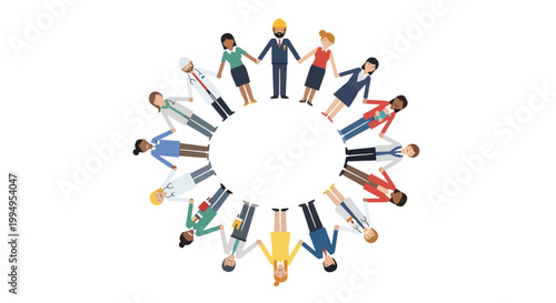 Diverse group of professionals holding hands in circle symbolizing teamwork and collaboration