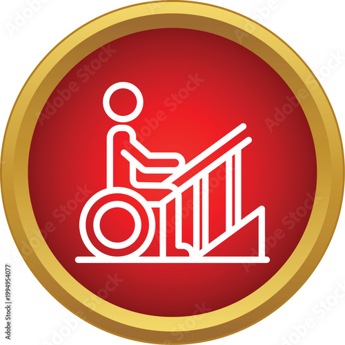 Wheelchair user icon navigating a barrier free ramp, symbolizing accessibility and mobility