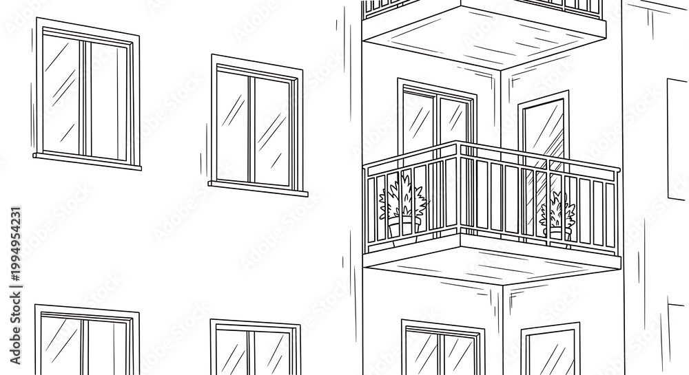 Fototapeta premium Building exterior with balcony and windows.