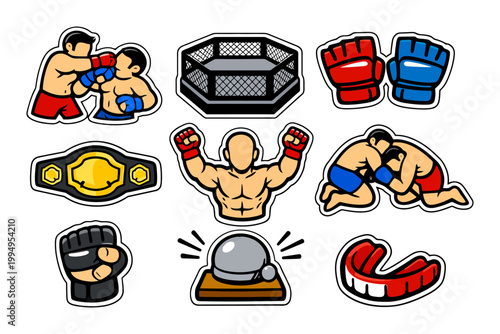 Mma icons: fighters, gloves, cage, belt, bell, mouth guard stickers.