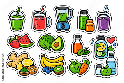 Colorful healthy smoothies and fruits cartoon stickers collection.